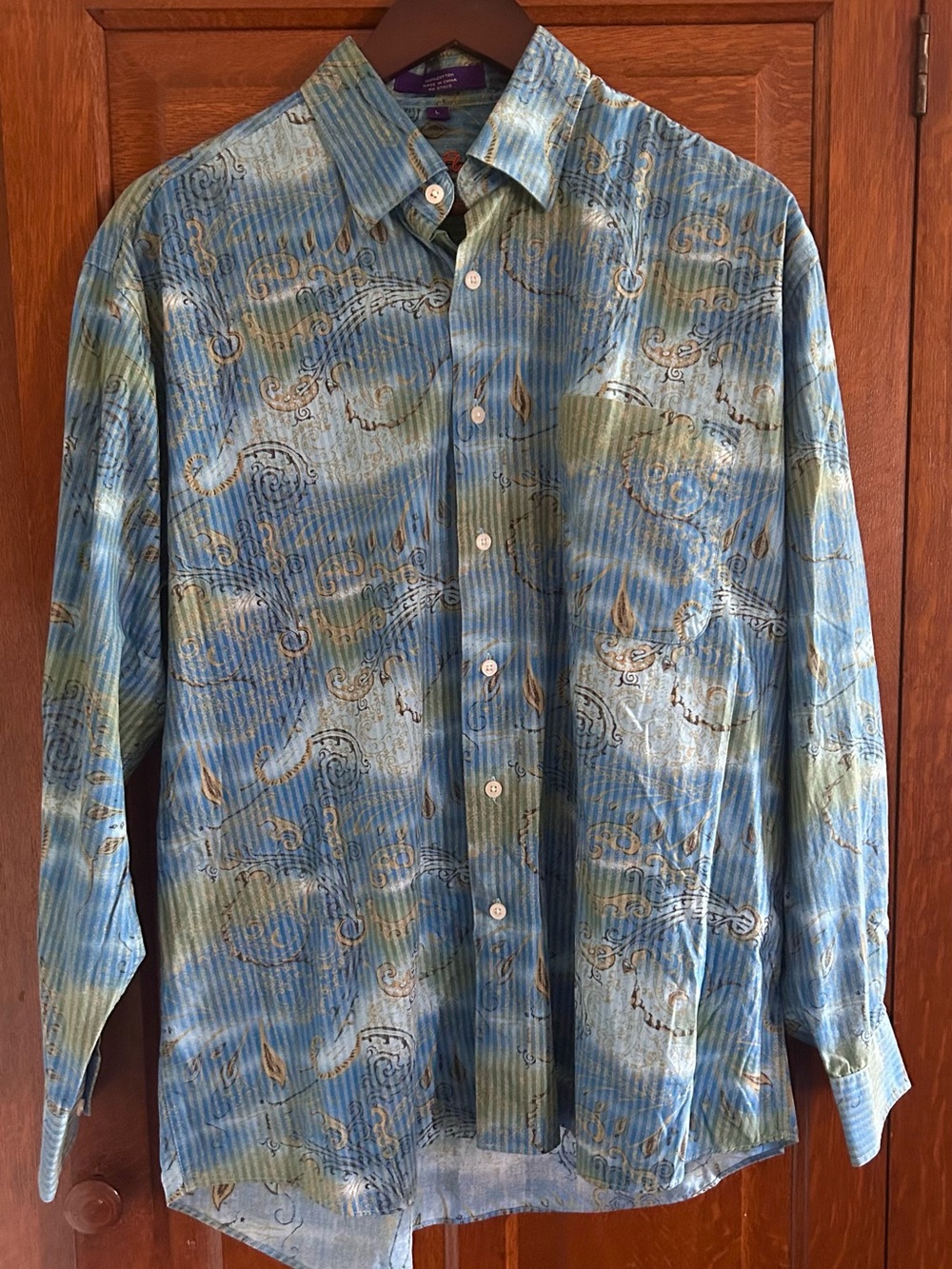 Alan Flusser Blue and Olive Printed Long-Sleeve Button-Down Shirt
